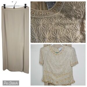 Vtg Adrianna Papell Silk Set Top Maxi Skirt Beige Beaded Flowers Faux Pearls 12P